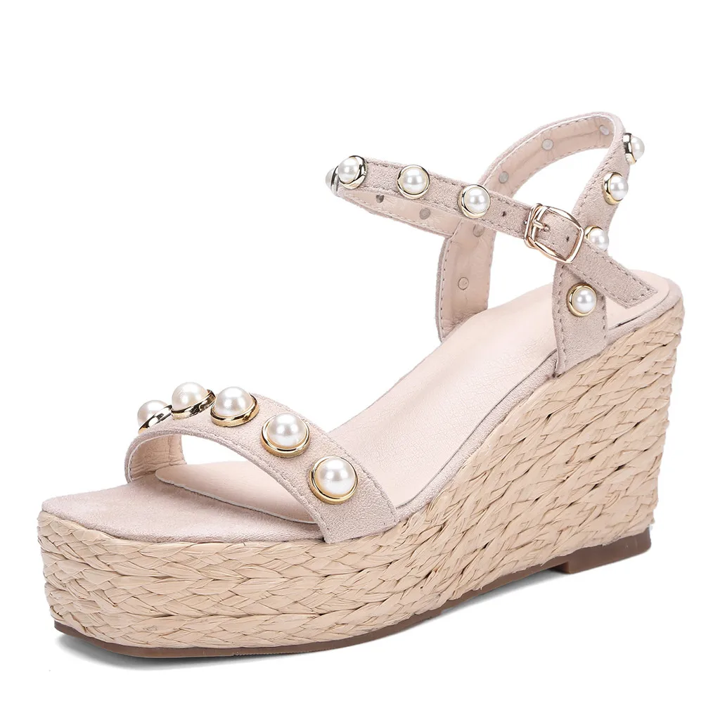 Для женщин модные сандалии туфли-танкетки с открытым носком; Туфли на толстой подошве с бисером; Женская Удобная пляжная обувь в римском ретро старинные сандалии# G8
