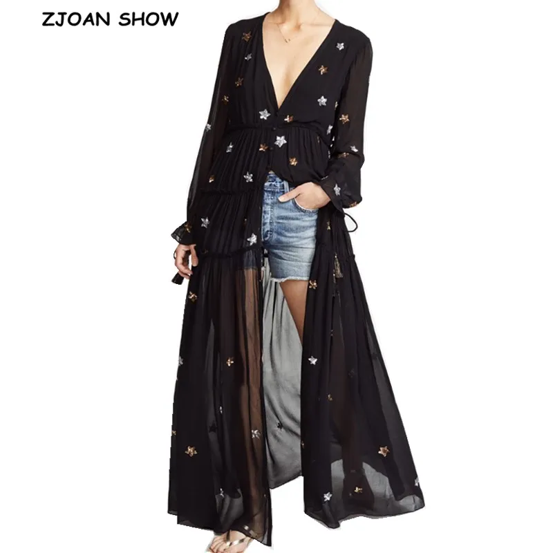 

2019 NEW Bohemian V neck Embroidery Star Long sleeve Ankle-length Dress Women Single-breasted Button Maxi Long Dresses Holiday