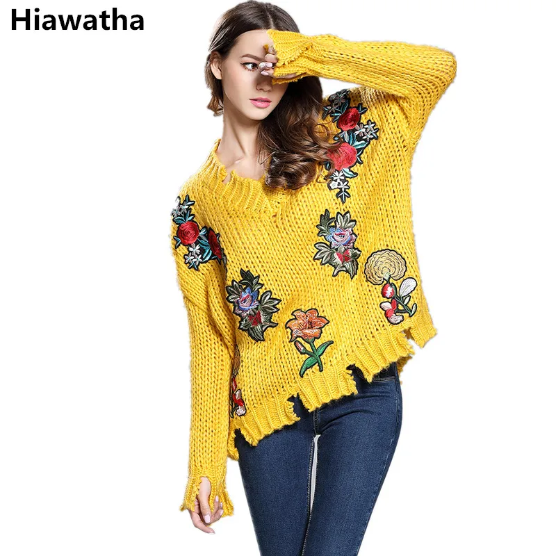 

Hiawatha Autumn Winter Knitted Pullover Casual Loose Embroidery Sweater Women Long Sleeve V-Neck Sweaters 2017 M003