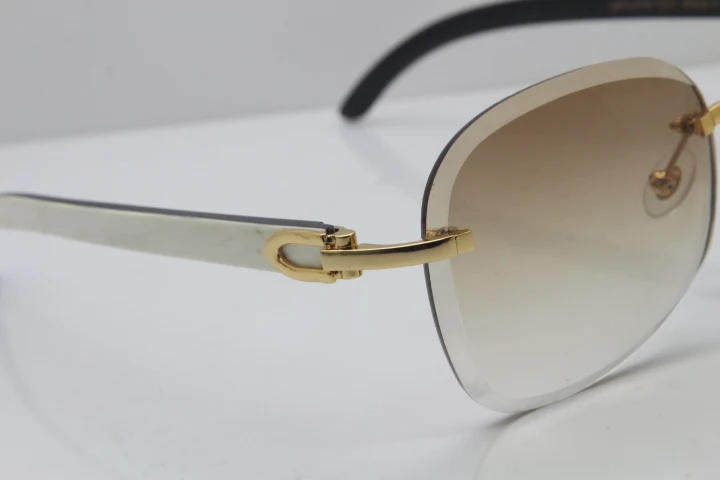 2018 New Cartier Rimless  T8200847 White Mix Black Buffalo Horn Sunglasses in Gold Brown Lens (7)
