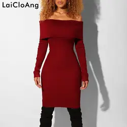 LaiCloAng Off Shoulder Ribbed сексуальное облегающее платье с длинным рукавом Slash шеи осенние платья для Для женщин спинки Дамы Повседневное платья