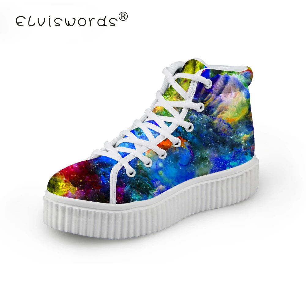 

ELVISWORDS Women's Galaxy Printing Flat Shoes Ladies Stylish Flat Platform Shoes for Teenagers Casual High Top Zapatos Mujer