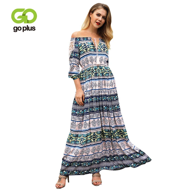 

GOPLUS Women Bohemian Floral Print Off Shoulder Dresses Ankle-Length Slash Neck Party Bodycon Dress Summer Dress C6902