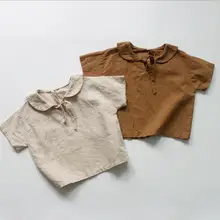 Новинка года, рубашка для мальчиков и девочек летний хлопковый льняной модный топ с короткими рукавами для детей от 2 до 7 лет, PT5574