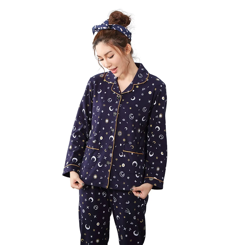 Ladies Nightwear Crew Neck Star Moon Cat Printed Long Sleeve Green Nightshirt