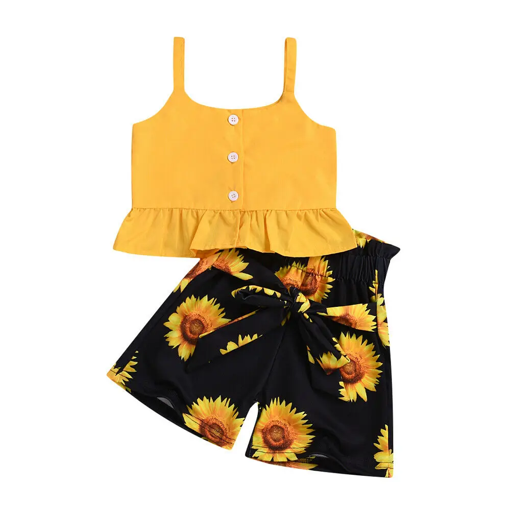 

2-6T Cute Baby Girl Summer Clothes 2Pcs Ruffle Solid Button Sling Crop Tops Bowknot Sunflower Shorts Sets Toddler Girl Outfits