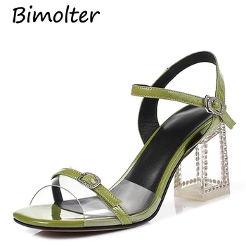 

Bimolter Transparent Crystal Square Heels Women Buckle Strap Casual Sexy Sandals Fashion Green Shoes Sheepskin Insole Shoe FC079