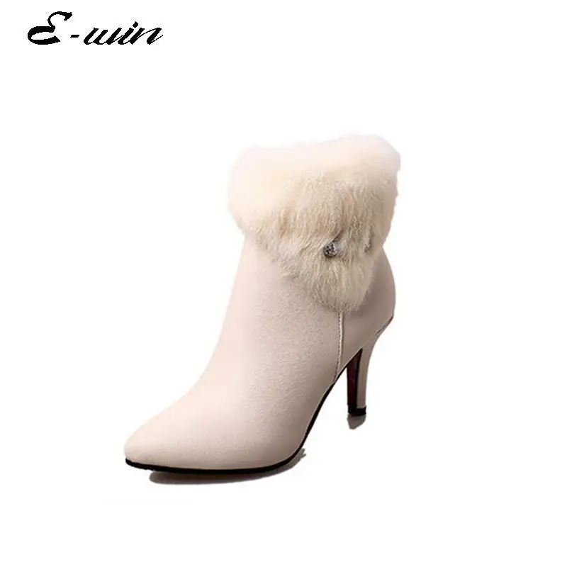 2016 New Women Cony Hair Boots Solid Color Vintage Fashion Women High Heels Ankle Boots Point-toe Short Boots Zipper Size 35-39