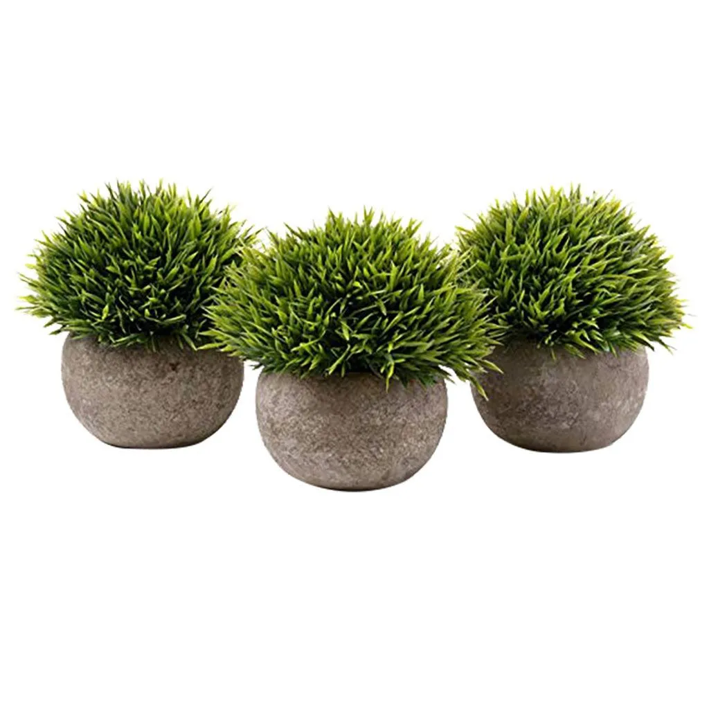 

Retro bonsai simulation plant decoration Set of 3 Artificial Green Grass Bonsai Art Plant with Gray Pot artificial planta leaves