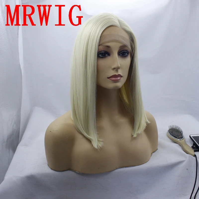 MRWIG короткие боб прямой синтетические спереди кружева парик левой части 12in #613 русый цвет волос жаропрочных волокна