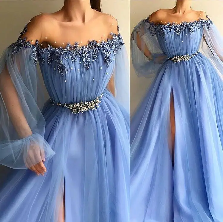 

Gorgeous Beading Crystal Long Prom Dresses 2019 Elegant Appliques Evening Dresses Long Illusion Cap Sleeve Party Dresses