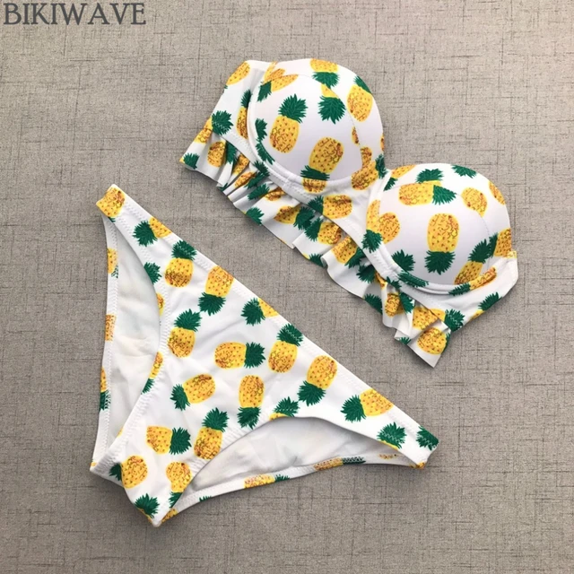 Cheap 2018 Pineapple printed sweety bikini set underwire push up bandeau bathing swimsuits low waist women swimming suit