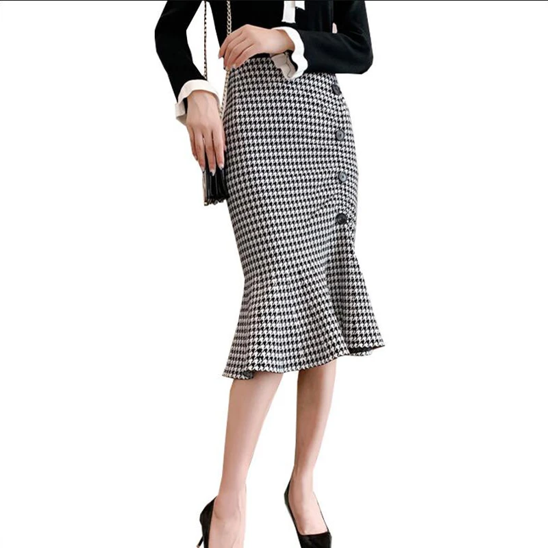 

New Autumn Winter Midi Knitting Bodycon Plaid Skirt Women High Waist Sexy Flouncing Fishtail Skirt Faldas Jupe Femme Saia