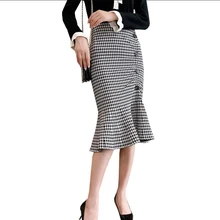 Осенне-зимняя трикотажная облегающая клетчатая юбка миди для женщин с завышенной талией, пикантная юбка с оборкой в виде рыбьего хвоста Faldas Jupe Femme Saia