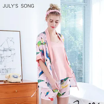 

JULY'S SONG 3 Pieces Woman Spring Pajamas Set Sexy Lace Sling Satin Faux Silk Embroidery Sleep Lounge Pyjama With Chest Pads