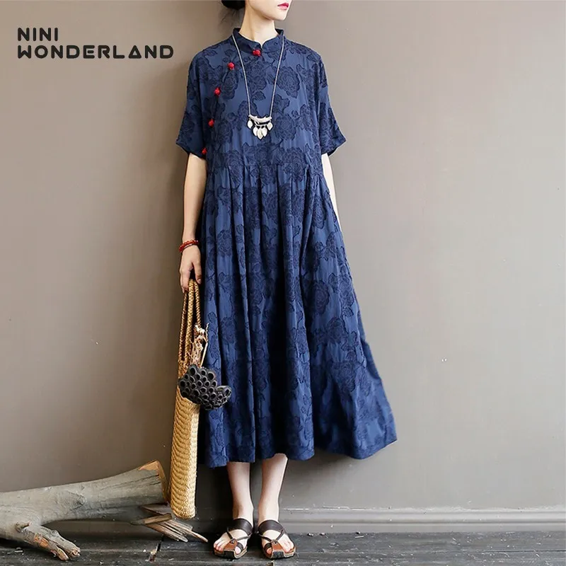 

NINI WONDERLAND Women Autumn Classic Dress 2019 Summer Print Flower Cotton Linen Dresses Female Loose Vintage Dress Big Size