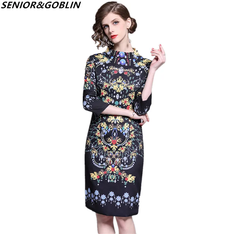 

New 2019 Spring Runway Designer Vintage Print Midi Dress Women Fashion Elegant Plus Size Party Vestidos Dresses M-XXL