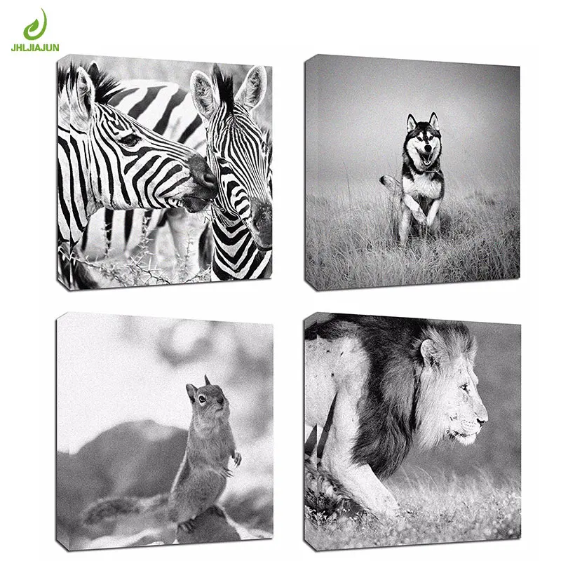 4 Piece Black White Animal Canvas Decoration Home Modular Picture Art Decorative Nordic Poster No Frame Painting | Дом и сад