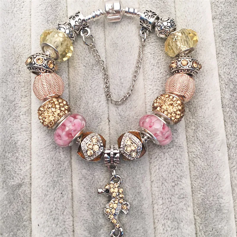 

2019 Popular Bracelets Charms Luxurious Gold Exquisite Beads Fits Original Bracelets DIY Lovely Seahorse Beads With Free Bag