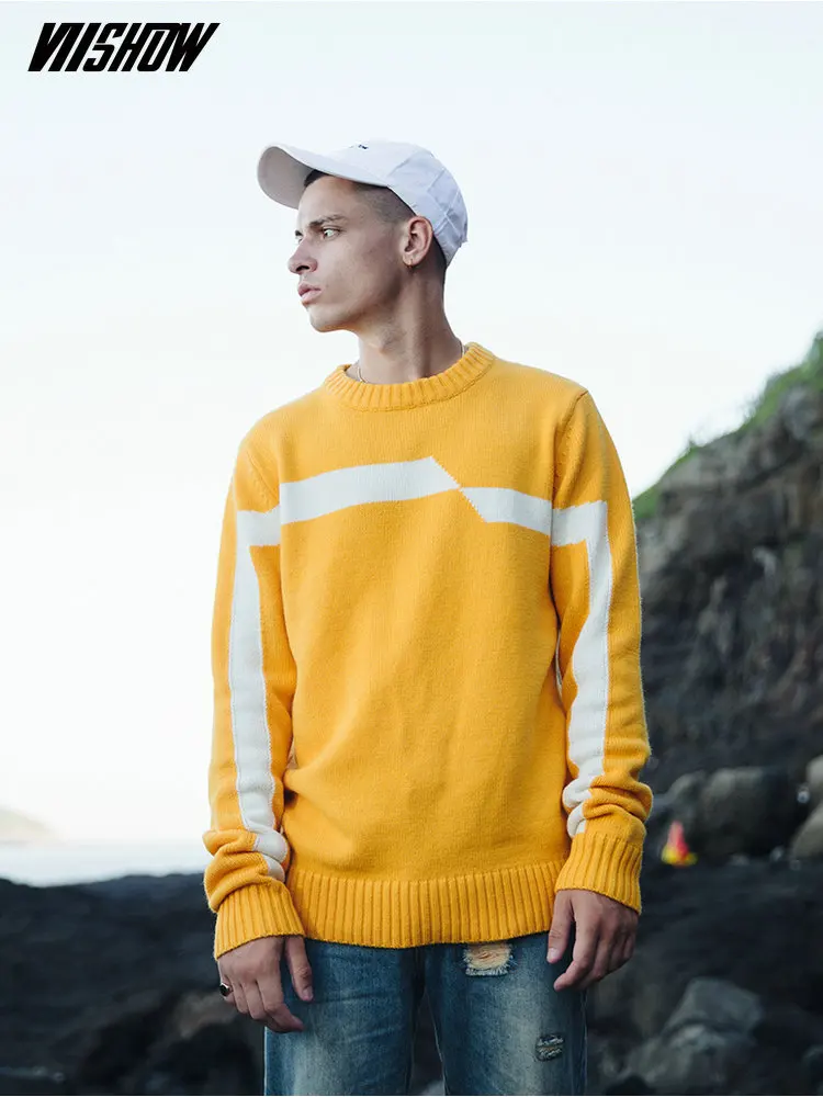 

VIISHOW 2017 New Sweaters Men Brand Clothing Fashion Mens Pullover Quality Yellow White Striped Knitted Sweater Male ZC2314173