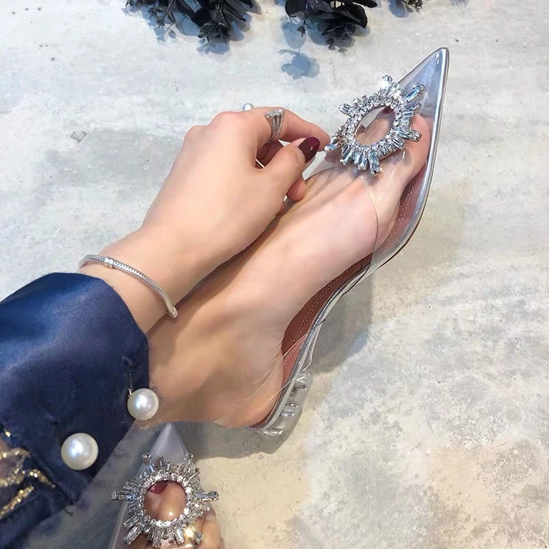 

Pointed Toe Crystal Sandals Clear Low Heels 2019 New Summer Transparent Block Flats Heeled Rhinestone Elegant Slingback Sandals