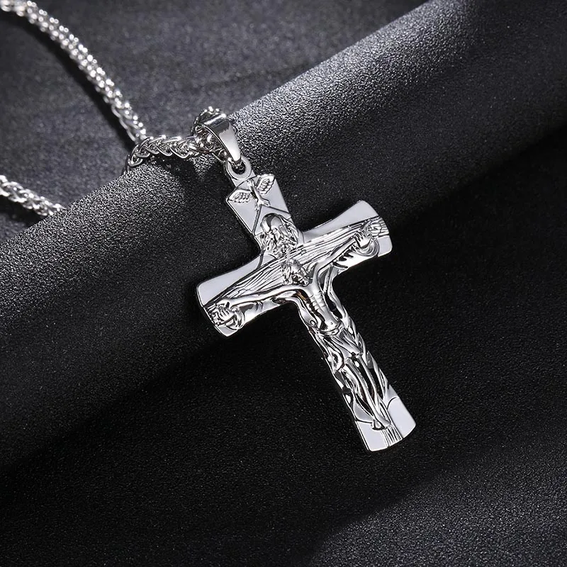 Lutos Fashion Plated Stainless Steel Cross Necklace Rhinestones Cross Pendant Necklace Jewelry for Men Women