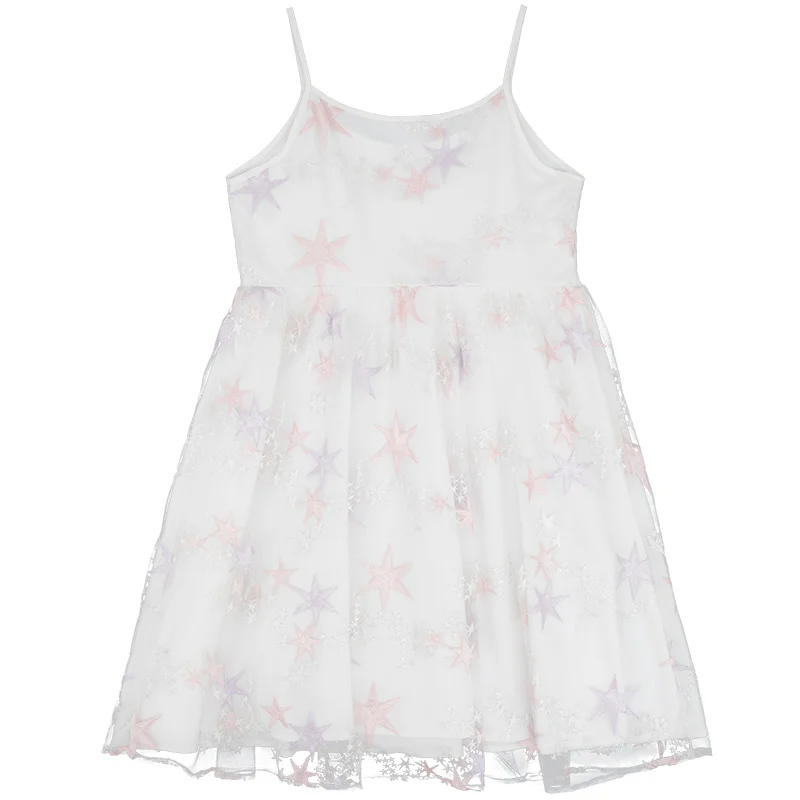 

2019 Summer Cute Women's Star Mesh Embroidery Dress Loose Spaghetti Strap Two Layers Lolita Dress One Piece
