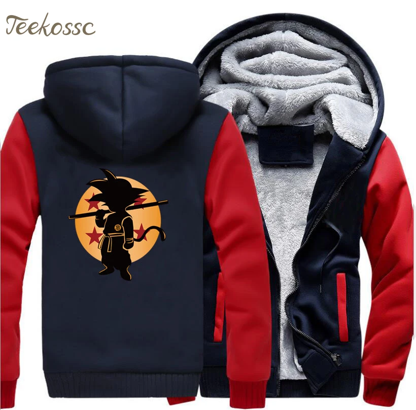 Anime Dragon Ball Hoodie Men Super Hooded Sweatshirt Black Grey Coat Winter Fleece Zipper Vintage Harajuku Jacket - Цвет: red dark blue