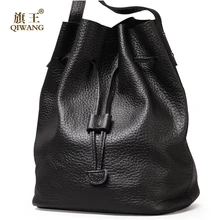 2015 new Top quality genuine leather bag QIWANG famous brands fashion black women Shoulder messenger Bucket Bag