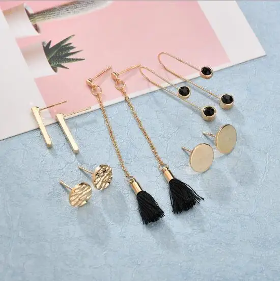 

604Temperament 6pairs set Tassel Circular Minimalist Earrings Trendy Women Rhinestone Brincos Earrings Bijoux Jewelry Gift E5353