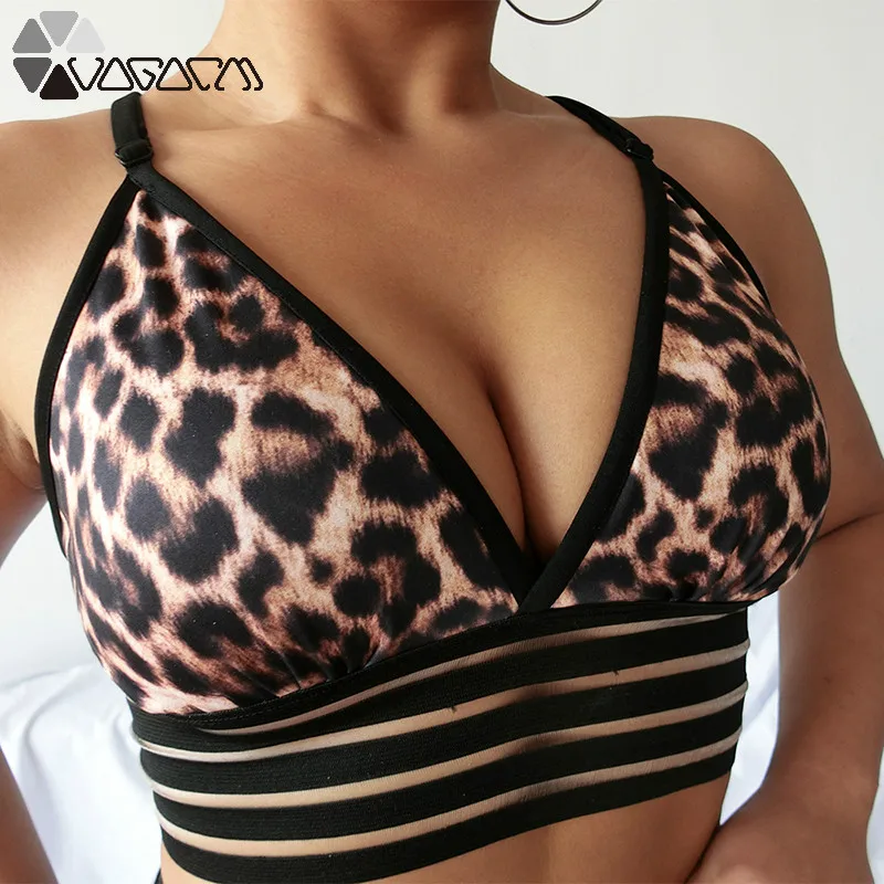 

Athletic Women Deep V Gym Top Printed Leopard Slim Fitness Yoga Print Sports Bra With Chest Pad Mujer Running Sport Sexy Clothes