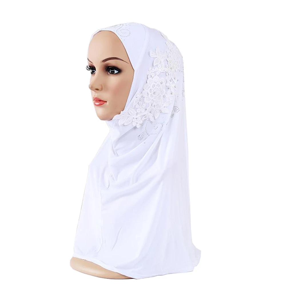 

White Pure Elegant Lace Flower Rhinestone Underscarf Shawl Turban Cap Full Cover Muslim Islamic Hijab 2018 Women Men Headscarf