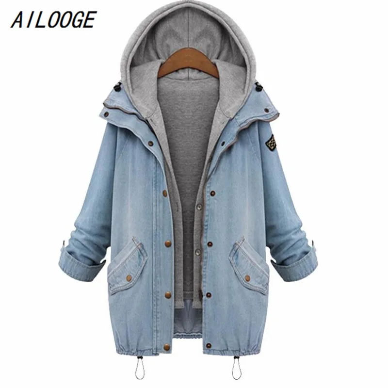 

AILOOGE 2017 Blue Hooded Drawstring Boyfriend Trends Jean Swish Pockets Two Piece Outerwear Women Long Sleeve Buttons Coat