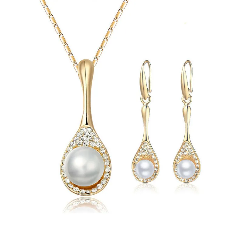 High Quality Pearl Jewelry Sets Austrian Crystal Wedding Accessories Gold Silver Plated Necklace Earrings Set for Women | Украшения и
