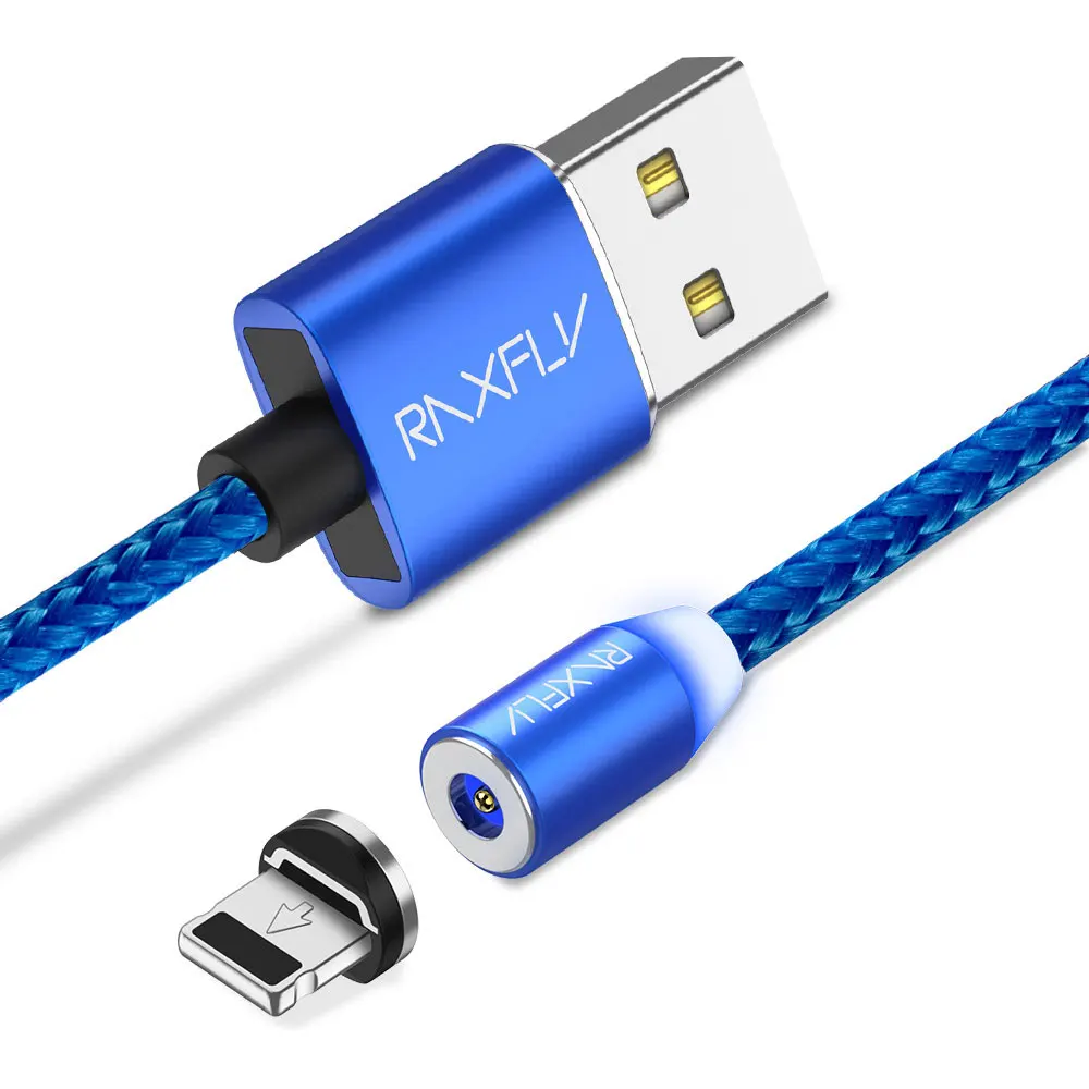 RAXFLY Магнитный кабель Micro usb type C кабель для Xiaomi Redmi Note 7 Магнитный зарядный провод Lightning-USB кабель для iPhone XS магнитный кабель магнитная зарядка кабель lightning - Цвет: 1M Blue