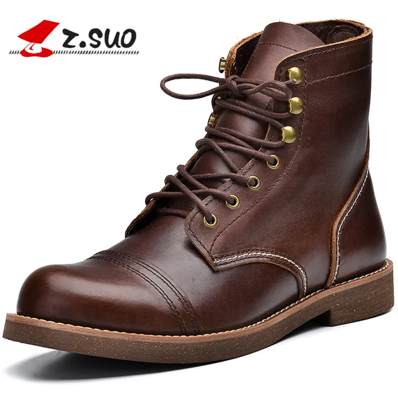 

Z.SUO Brand 16700 High Top Single Layer Leather Men's Tooling Boots Real Cow Leather Solid Color Square Heel Man Western Boots