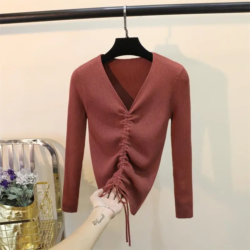 Casual Lace Up Knitted Sweater Women Skinny Slim Knitting Pull Femme Jumper Crop Top Winter Sweater Tricot Pullover Candy Colors (18)