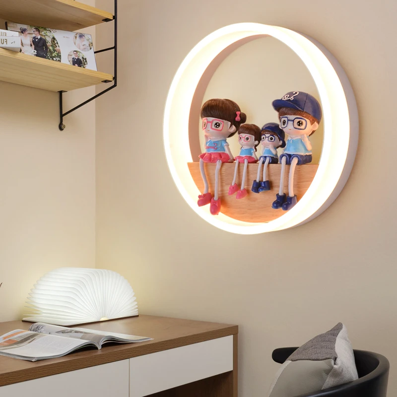 Современный милый настенный светильник для спальни, металлические деревянные бра круглой формы для лестницы, гостиной, теплый белый светодиодный настенный светильник для маленьких детей