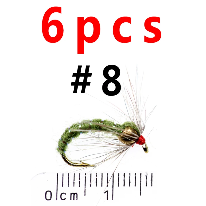 Bimoo 6 шт.#8#10#12 Радужная коричневая форель Greyling Char Caddis металлический латунный шарик голова Nymph Премиум Рыбалка Мухи черный оливковый - Цвет: size 8 olive 6pcs