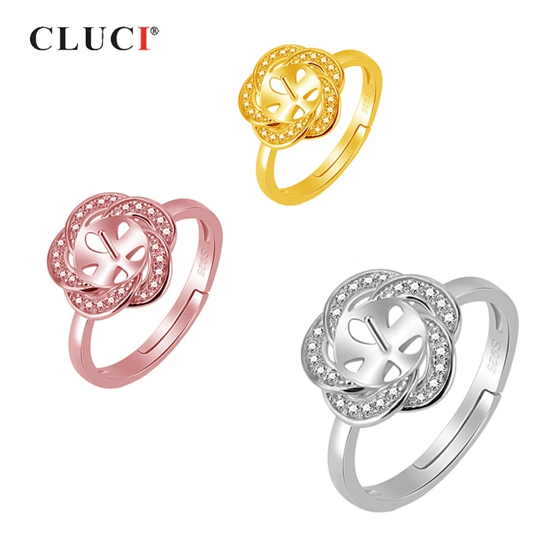 

CLUCI Silver 925 Rose Gold Flower Women Ring Adjustable Zircon Pearl Ring Mounting 925 Sterling Silver Flower Ring SR2098SB
