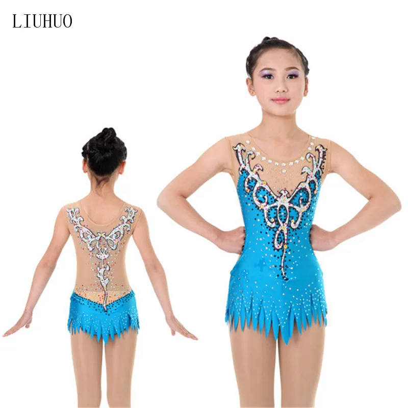 

Girl Women rhythmic gymnastics performance suit Artistic gymnastics dress Blue roundneck sleeveless style Exquisite pattern