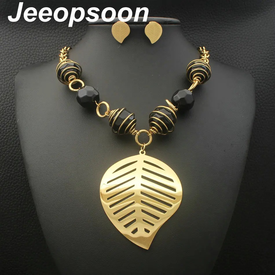 

Gold Colors Stainless Steel Leaf Jewelry Necklace + earrings sets Supernova Sales for women SFGFAGCC