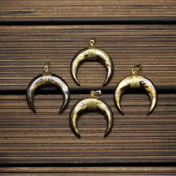 

10pcs Tiger Eye Yellow Shell Golden Plated Wire Wrapped Tribal Ox Horn Charm Pendant Open Circle Ring Crescent Abalone Bead DIY