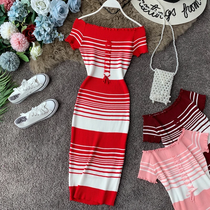 OCEANLOVE Sexy Dress Women Bodycon Striped Off Shoulder Knitted Midi Dress Summer High Waist Short Sleeve Vestidos 12421