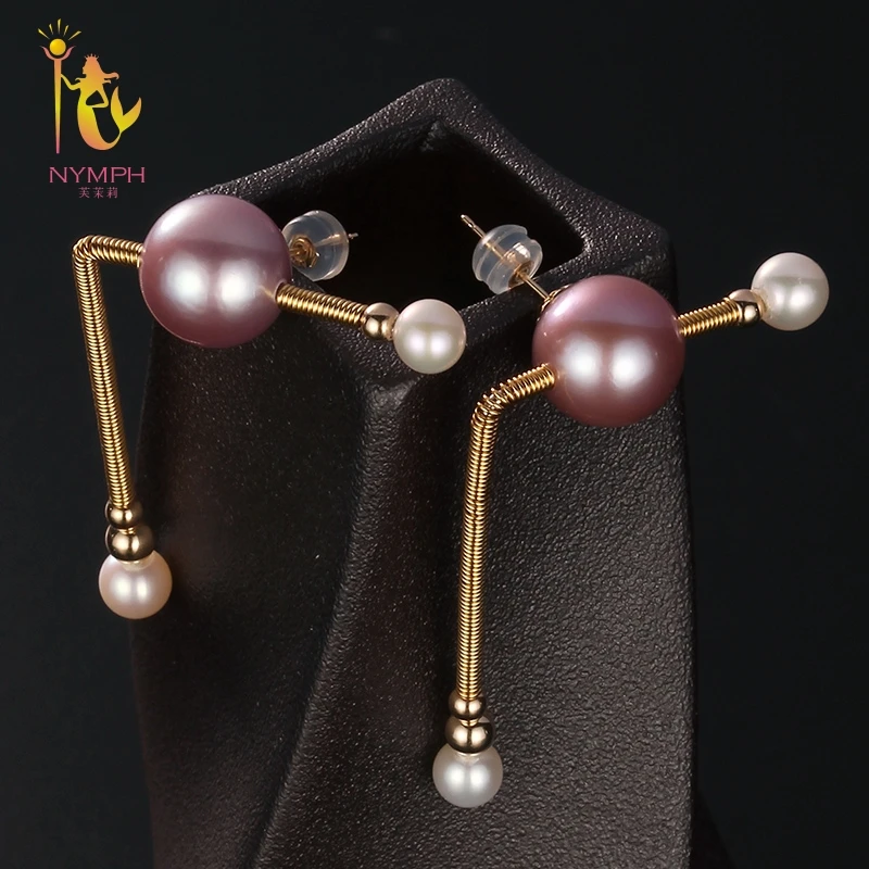 

[NYMPH] Freshwater Pearl Earring For Women Fine Jewelry Double Pearl Earrings Purple Near Round 2018 Trendy Gift E308