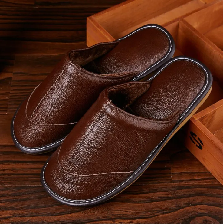 Mntrerm/домашние тапочки для мужчин; сезон осень-зима; кожаная обувь; теплые тапочки; обувь на плоской подошве; Нескользящие мягкие домашние кроссовки для мужчин; Новинка - Цвет: brown