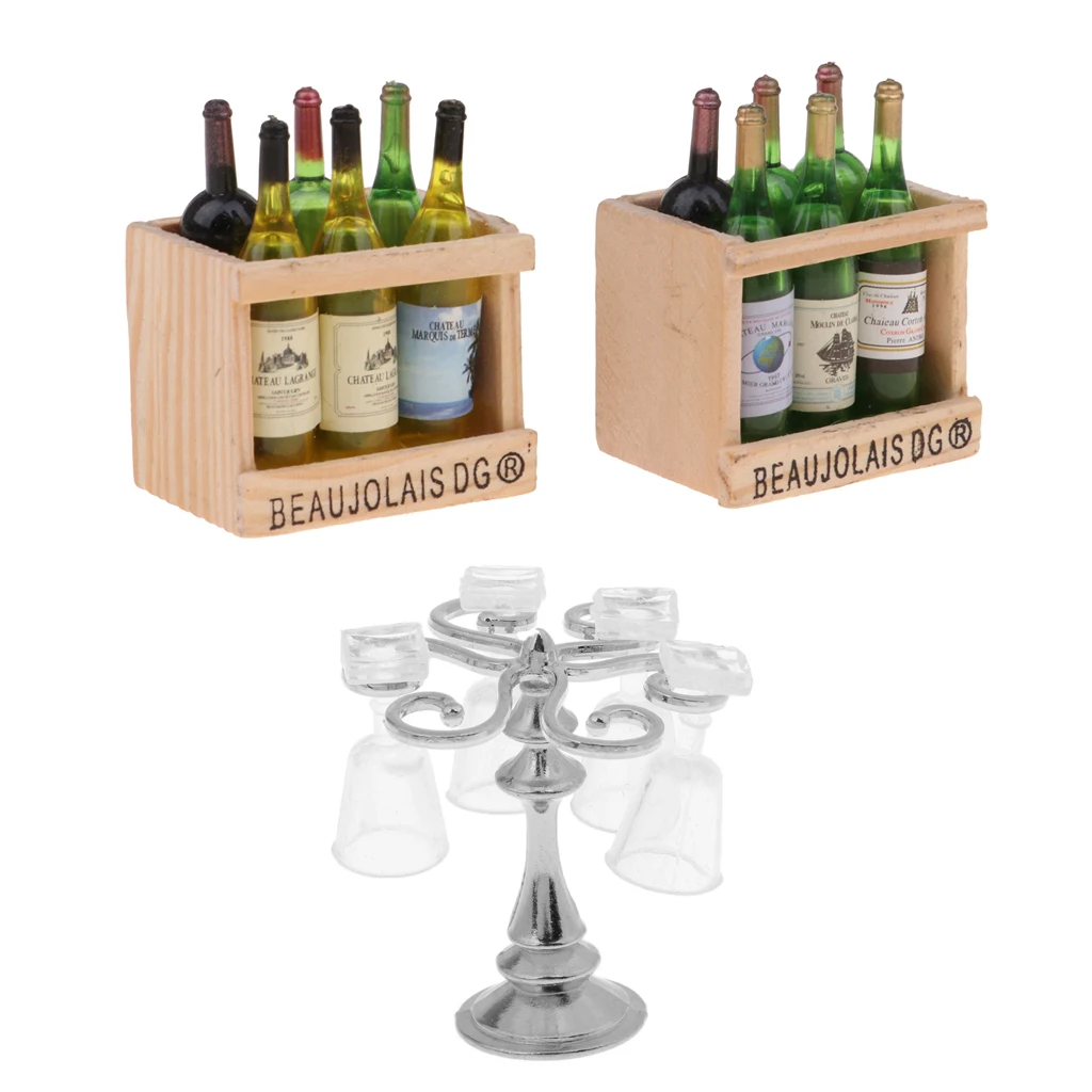 1:12 Dolls House Miniature Metal Silver Cup Rack With Goblets & Beer Drink Bottles Models For Mini Bar Pub Life Scene Ornament