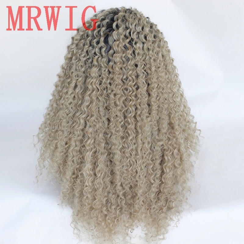 MRWIG short dark roots 1b#/27#mixed #613 blonde hair color long kinky curly synthetic front lace wig