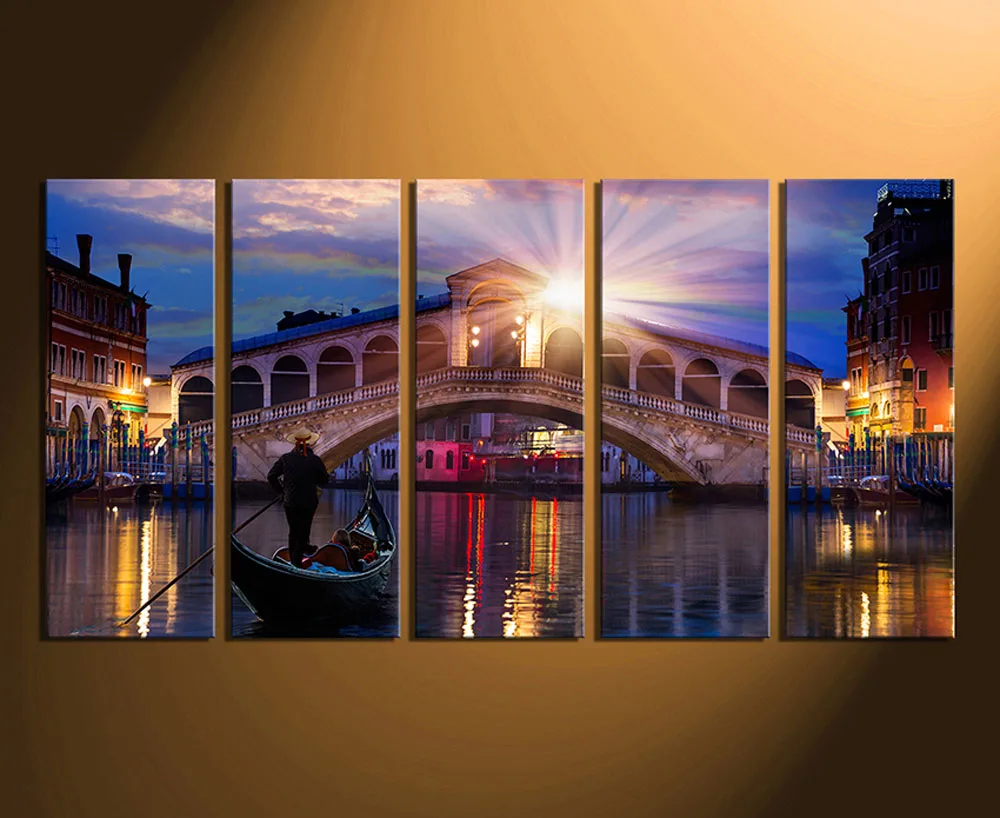 

5 Piece Wall Decor, Panoramic Canvas Print, Cityscape Wall Decor, Blue Huge Venice Bridge Photography, Gondola Huge Pictures