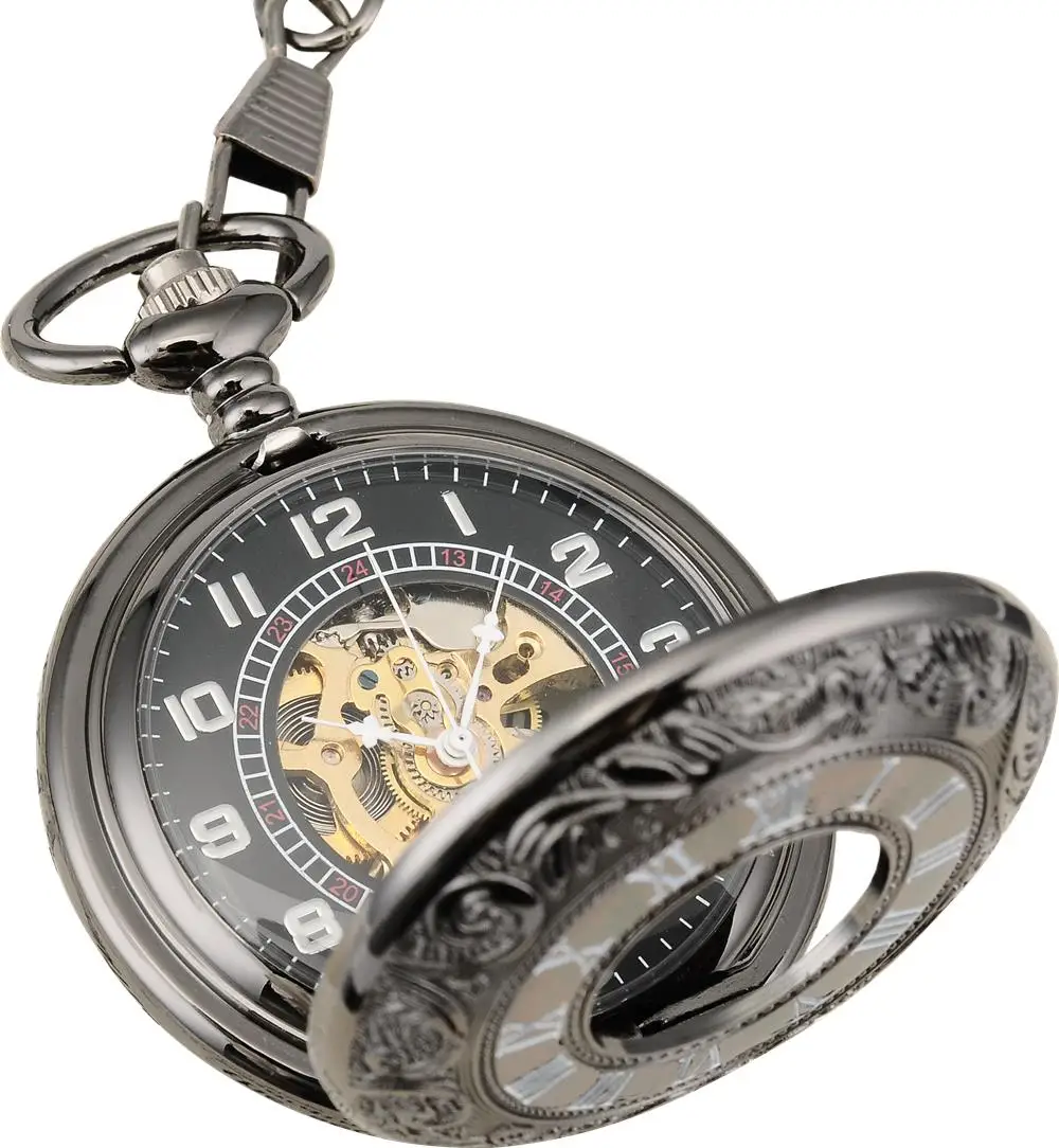 

Mens Steampunk Retro Black Tone Flower Carved Skeleton Mechanical Pocket Watch Chain Fob Gift